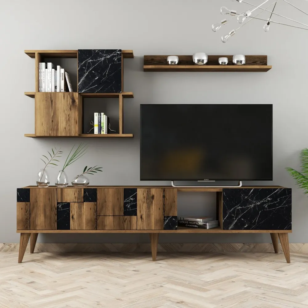 Set Living Madrid, din PAL melaminat, marmura neagra/alun - 180x34x130 cm