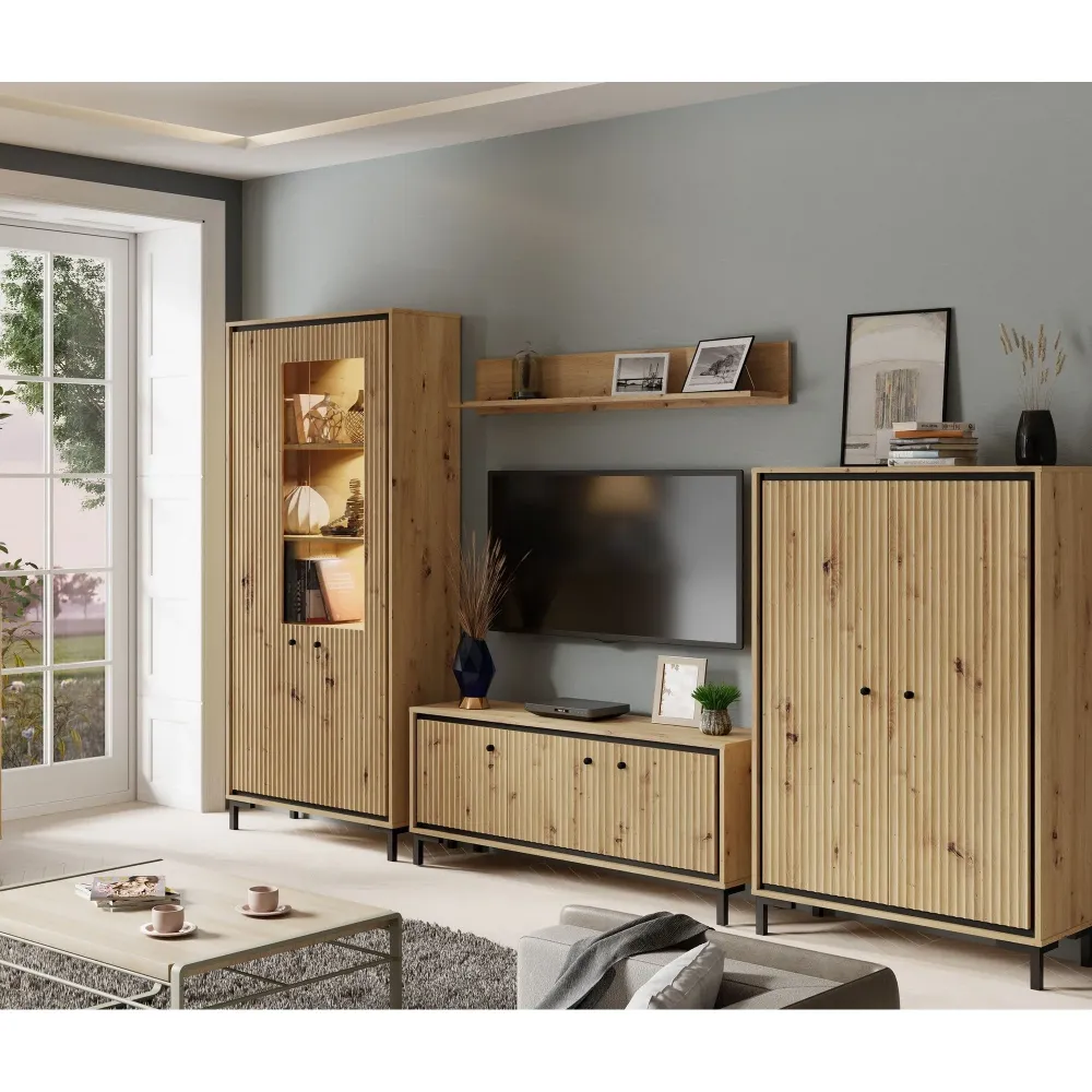 Set living PARII , stejar artisan, PAL/sticla, cu iluminare LED, 308 cm