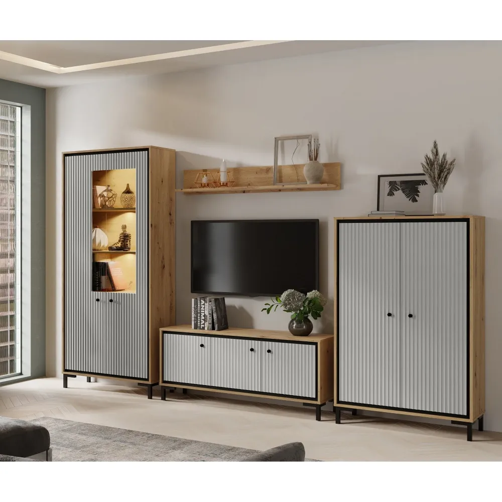 Set living PARII , stejar artisan/gri, PAL/sticla, cu iluminare LED, 308 cm