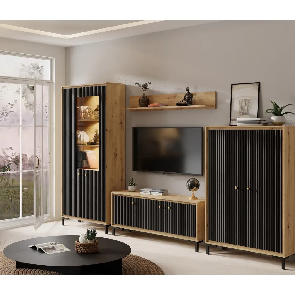 Set living PARII , stejar artisan/negru, PAL/sticla, cu iluminare LED, 308 cm