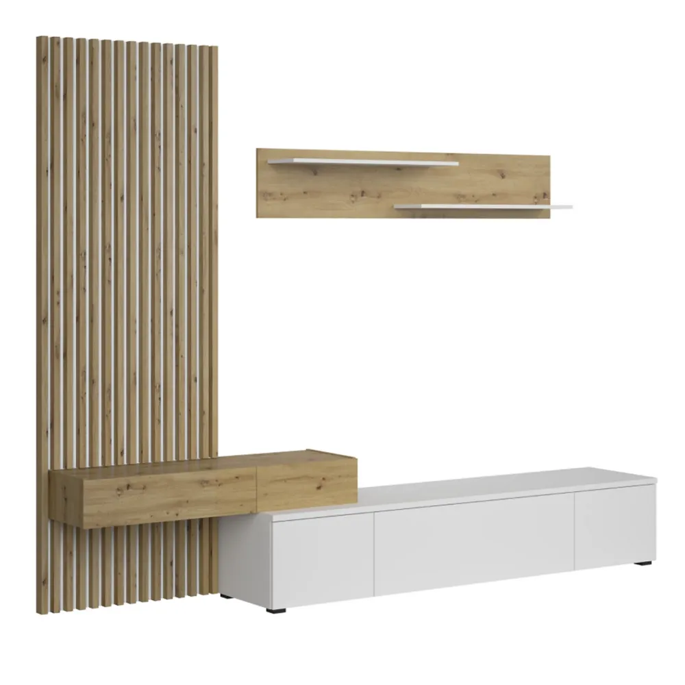 Set living REBEKA, alb/stejar artisan, PAL melaminat, 250x42x200 cm