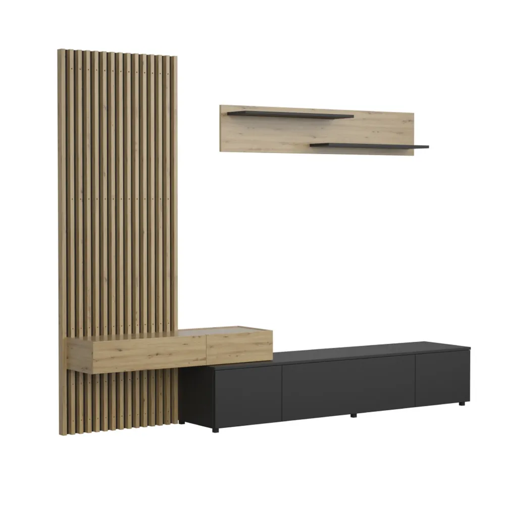 Set living REBEKA, negru/stejar artisan, PAL melminat, 250x42x200 cm
