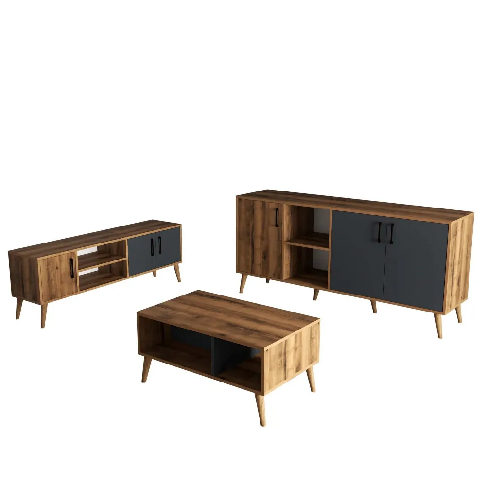Set mobila living 389MZA2119, 3 piese, nuc/gri antracit, PAL melaminat