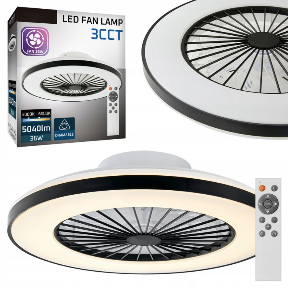 Plafoniera LED KLEO 36W+15W CCT cu Ventilator si Telecomanda, Negru