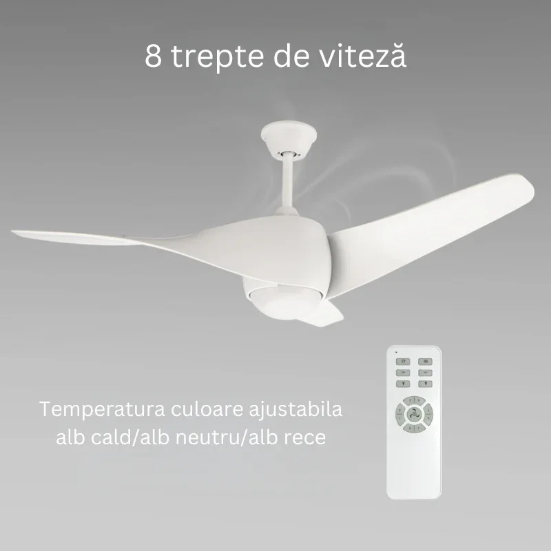 Ventilator tavan cu lustra LED CCT Fanton 58W, 8 viteze, Silentios, alb