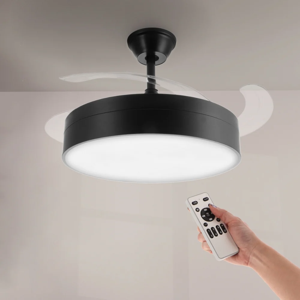 Ventilator de tavan cu lustra LED CCT Messe 72W, 6 trepte de viteza, negru