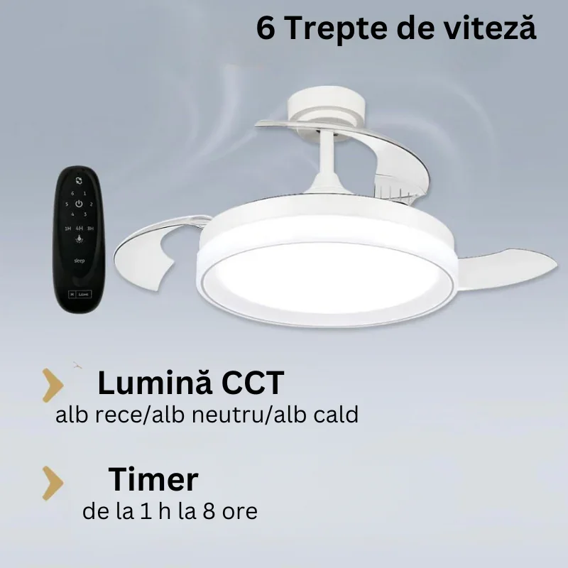 Ventilator de tavan cu lustra LED Yeray 56W, 6 viteze, Iarna/Vara, Alb