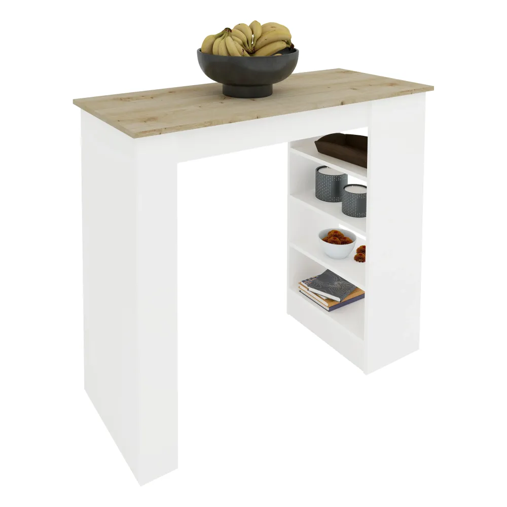 Masa Bar Vista, 4 rafturi, Alb/Stejar Artisan, 120 x 50 x 100 cm