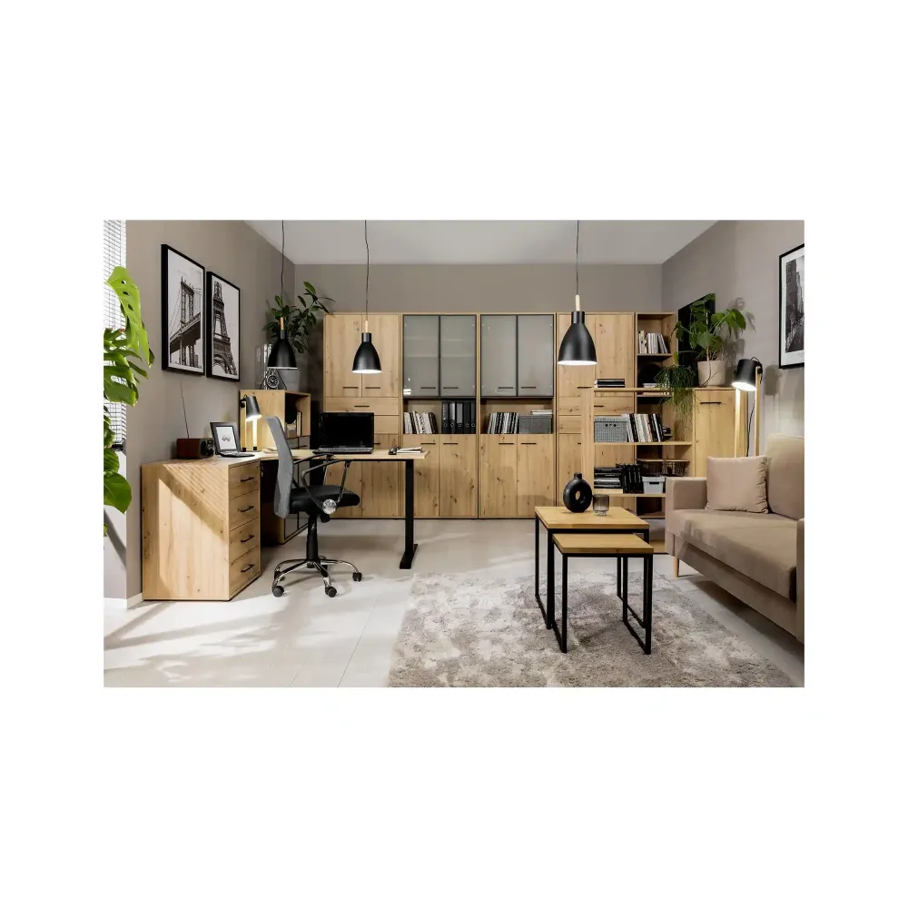 Masa birou SPACE OFFICE, stejar artisan/negru, PAL laminat/metal, pe stanga, 160x90x76 cm