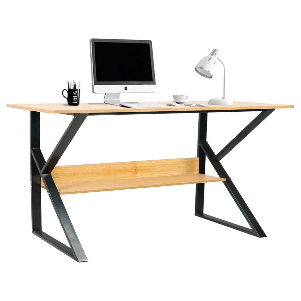 Masa birou TARCAL, cu raft laminat/metal, fag/negru, 140x72x60 cm