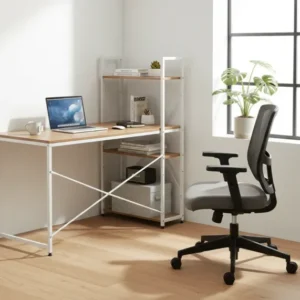 Masa birou VEINA, stejar/alb, DTD laminat/metal, 120x60/64x72/122 cm
