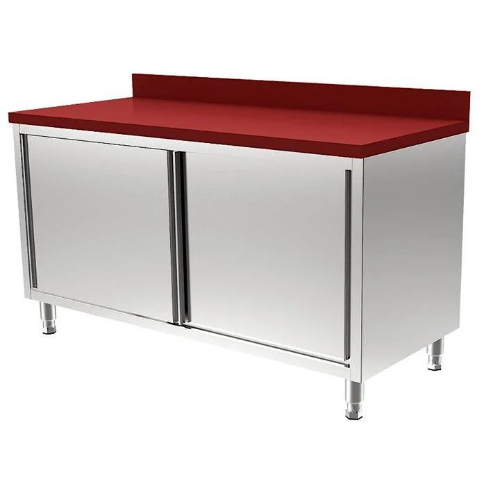 Masa dulap inox preparare carne cu blat polietilena rosie, 1600 x 700 x H850 mm, cu 2 usi culisante