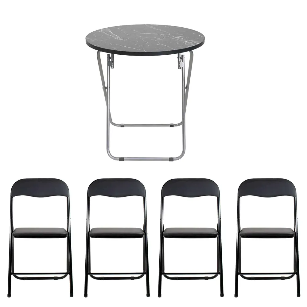 Masa plianta rotunda cu blat mdf, dimensiuni 60x65cm, negru (ZLN 6951) plus 4 x scaun bucatarie pliant (DSY 1115) / ZLN 69...
