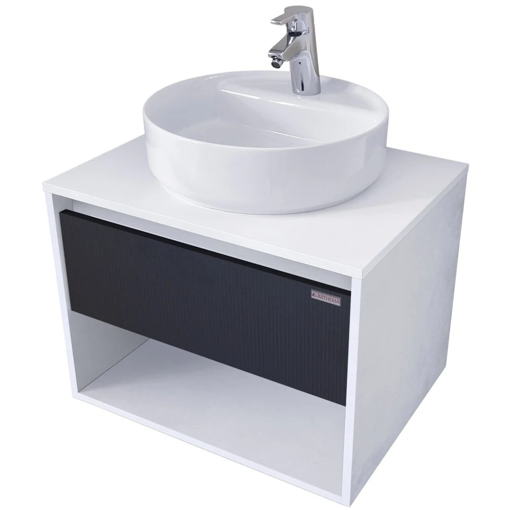 Arthema Modulo Set masca lavoar baie cu blat si sertar, 60x46xH44 cm, finisaj alb/gri riflaj
