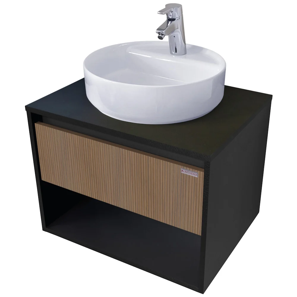 Arthema Modulo Set masca lavoar baie cu blat si sertar, 75x46xH44 cm, finisaj negru/stejar riflaj