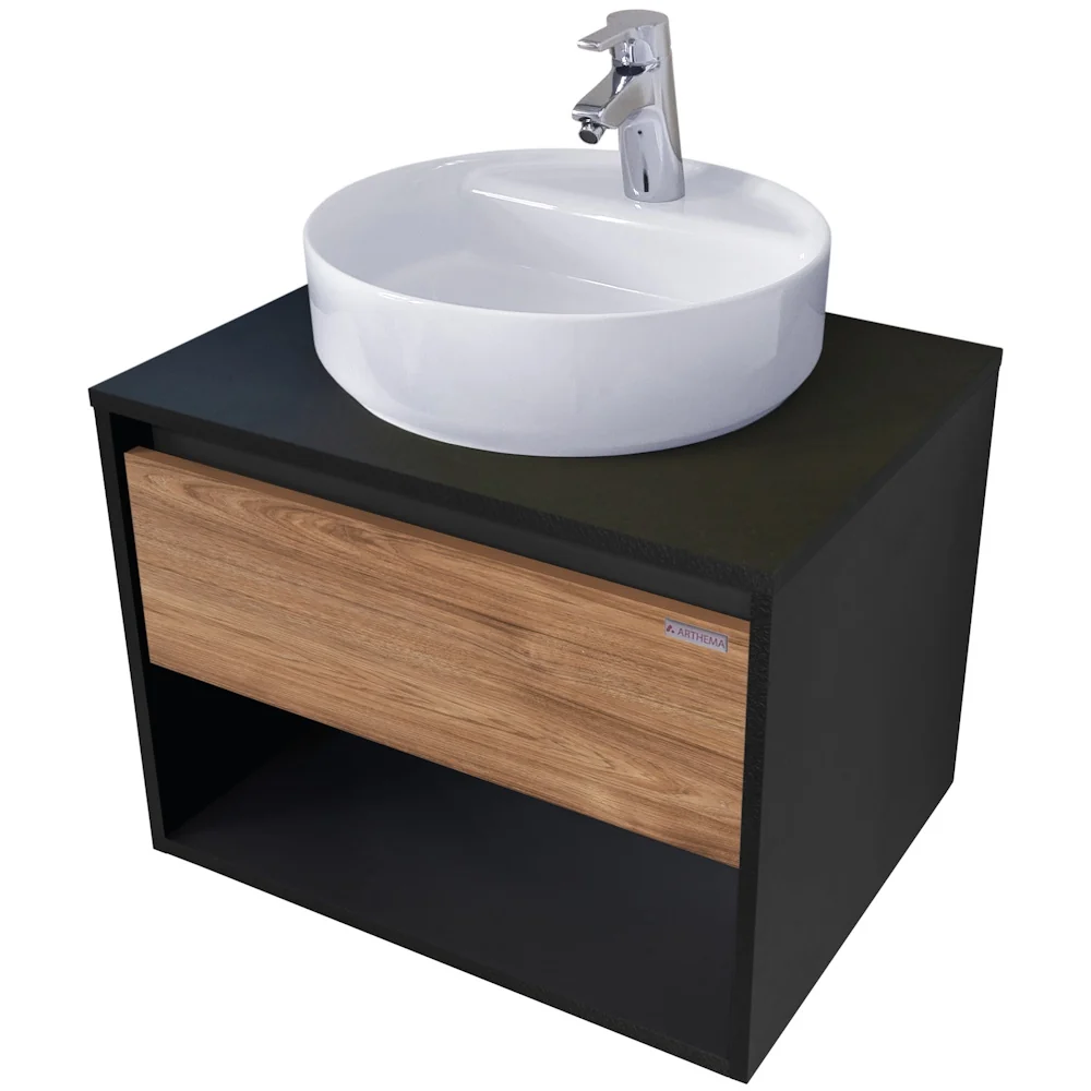 Arthema Modulo Set masca lavoar baie cu blat si sertar, 75x46xH44 cm, finisaj negru/stejar