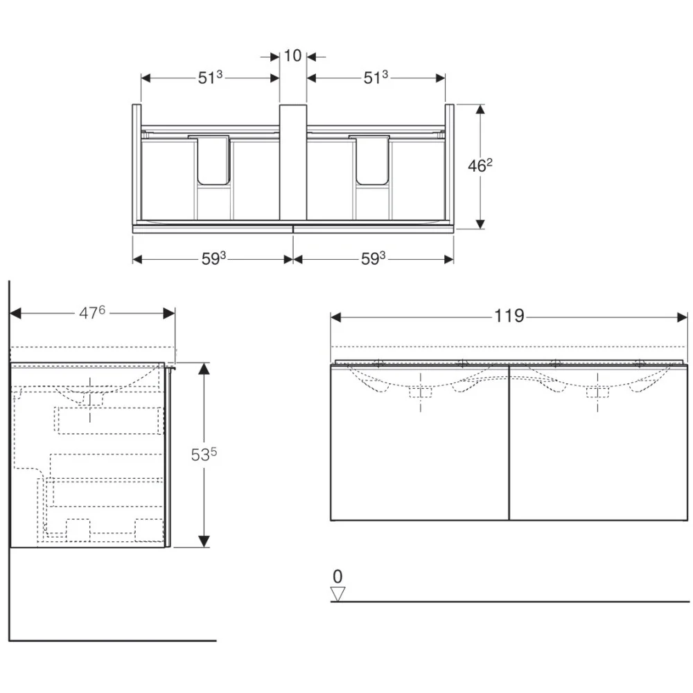 Geberit Acanto Masca lavoar baie dubla cu 2 sertare sticla neagra 120x48 cm, corp negru mat
