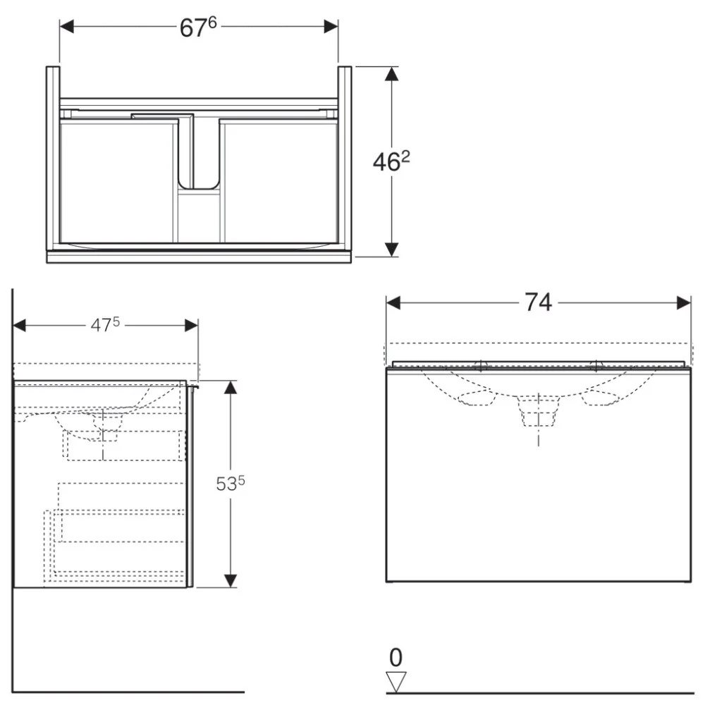 Geberit Acanto Masca lavoar baie cu sertar sticla alba 74x48 cm, corp alb lucios