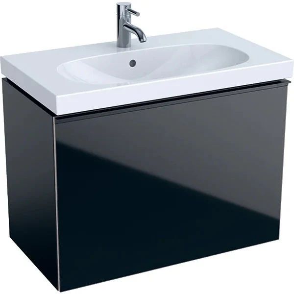 Geberit Acanto Masca lavoar baie cu sertar sticla neagra, 74x42 cm, corp negru mat