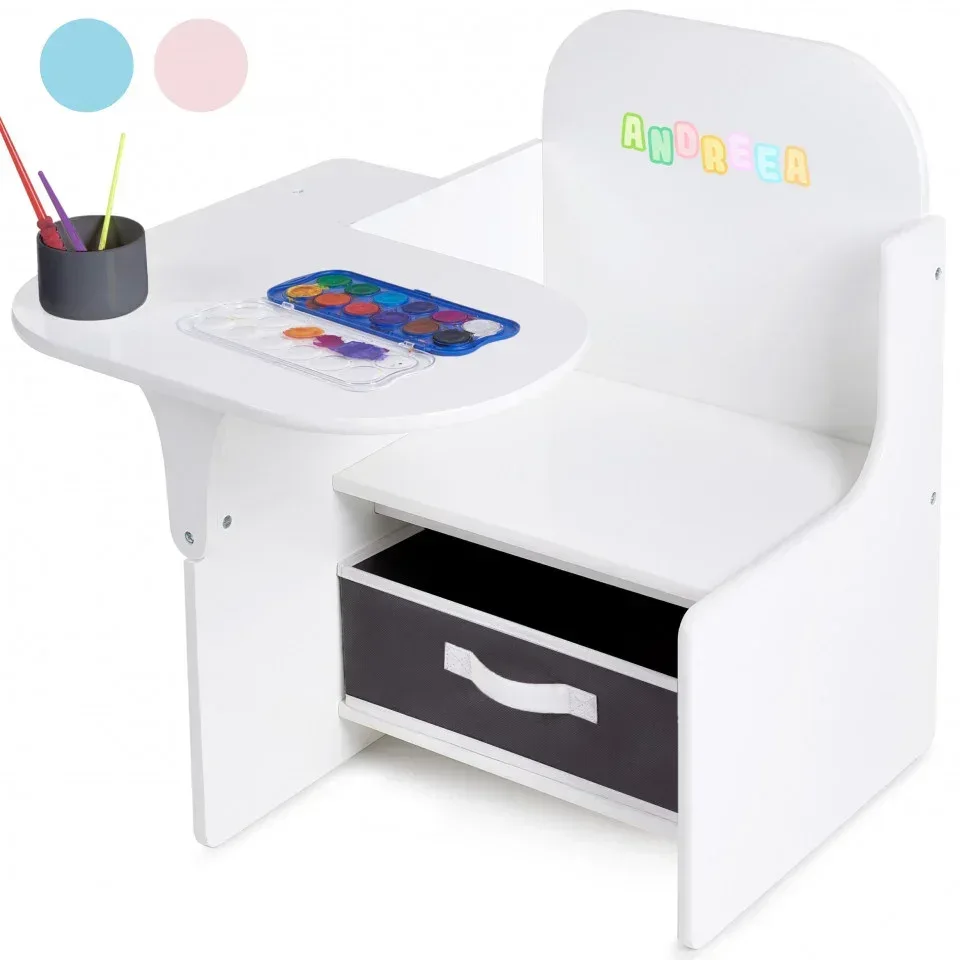 Set Masuta Cu Scaun Incorporat pentru Copii, 3 1 din Lemn Mdf, Varsta 3-6 ani Alb si Gri