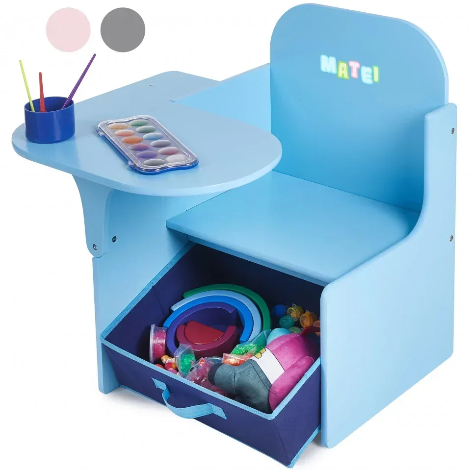 Set Masuta Cu Scaun Incorporat pentru Copii 3 1, Din Lemn Mdf, Varsta 3-6 ani Albastru