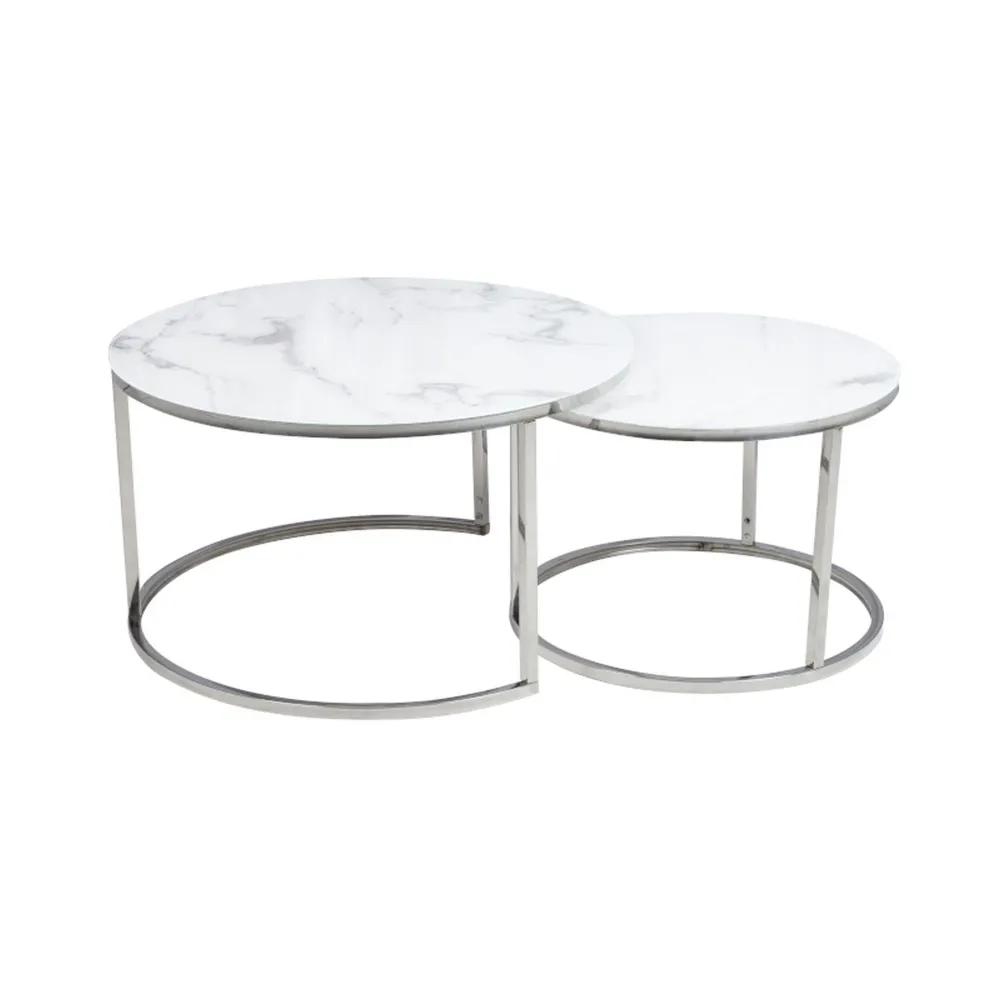 Set 2 masute de cafea ATLANTA B, alb efect de marmura/crom, sticla/metal, 80x45 / 60x42 cm