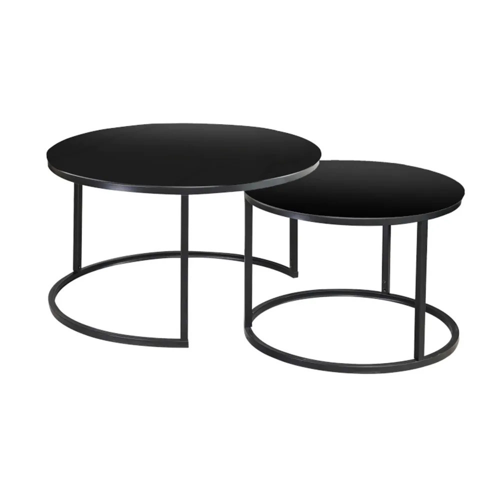 Set 2 masute de cafea ATLANTA D, blat din sticla si furnir/cadru metal negru
