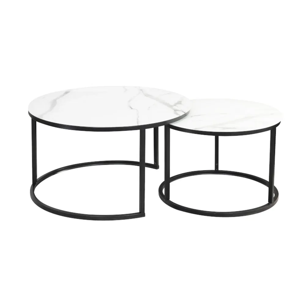 Set 2 masute de cafea ATLANTA C blat de sticla alb,efect de marmura/cadru metal negru