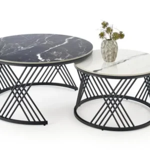 Set 2 masute cafea FLAMINGO, negru cu efect de marmura/alb cu efect de marmura/negru, piatra sinterizata/metal