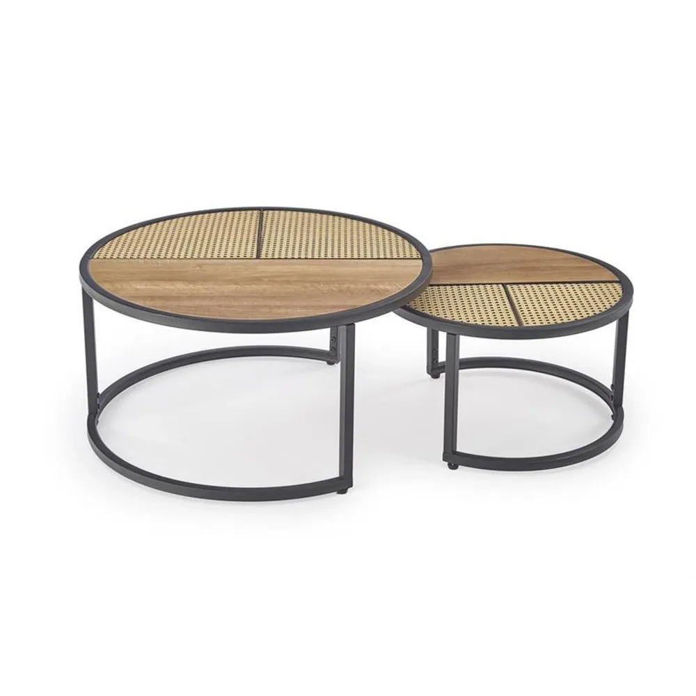 Set 2 masute cafea GARMIN, stejar auriu/negru, ratan sintetic, 70x36 cm si 50x30 cm