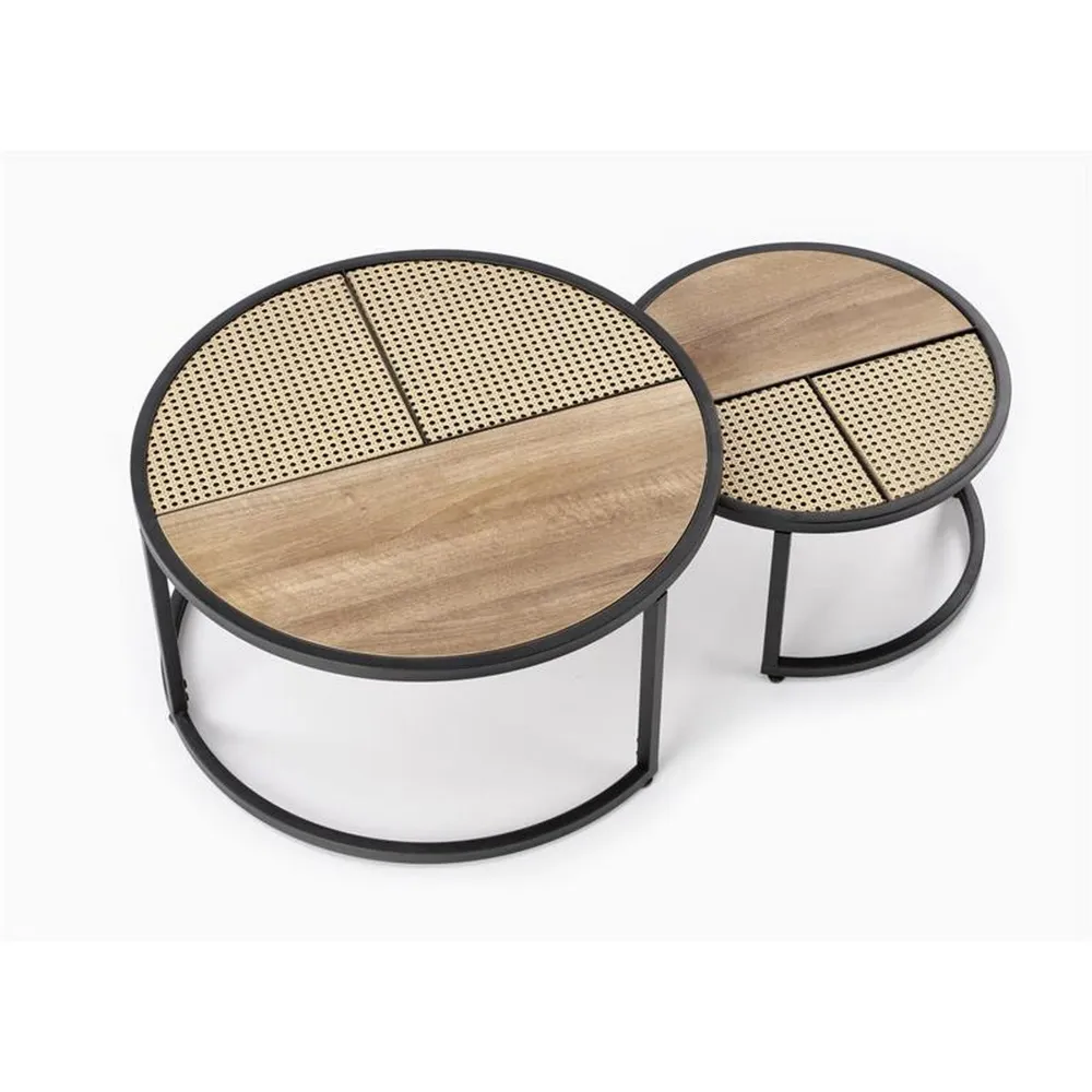 Set 2 masute cafea GARMIN, stejar auriu/negru, ratan sintetic, 70x36 cm si 50x30 cm
