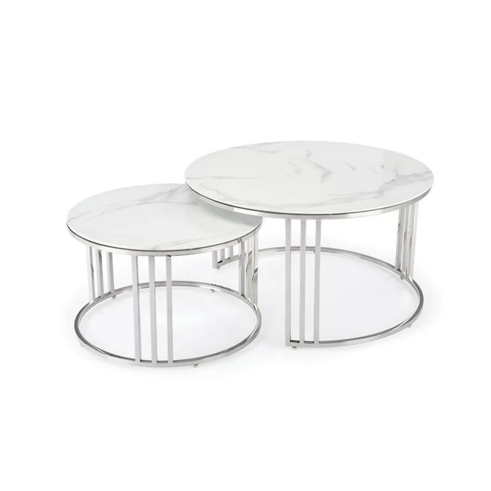 Set 2 masute de cafea MERCURY 2, alb/argintiu, sticla/otel, 80/45x60/38 cm