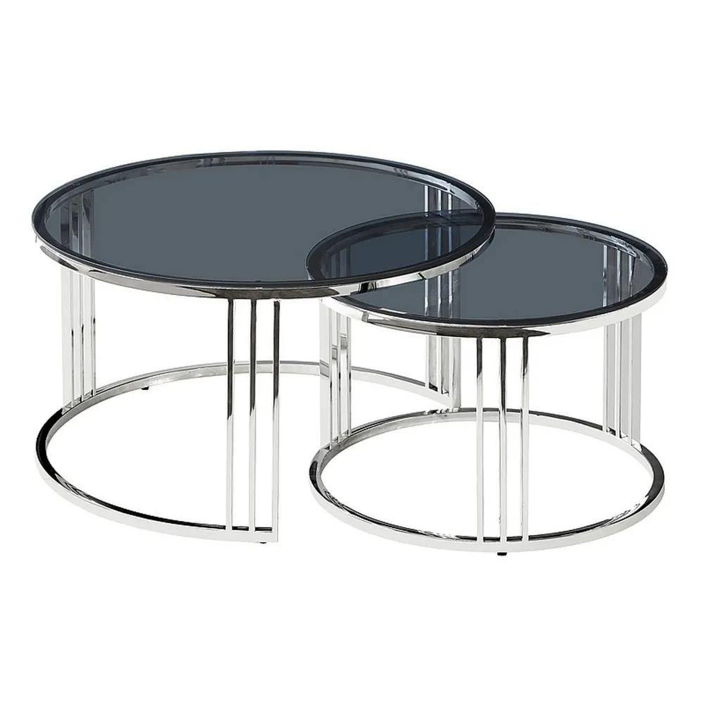 Set 2 masute de cafea VIENNA argintiu, blat din sticla/cadru metal argintiu