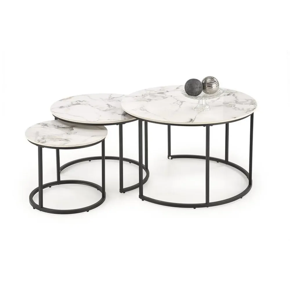 Set 3 masute GILDA, alb/negru, ceramica/metal