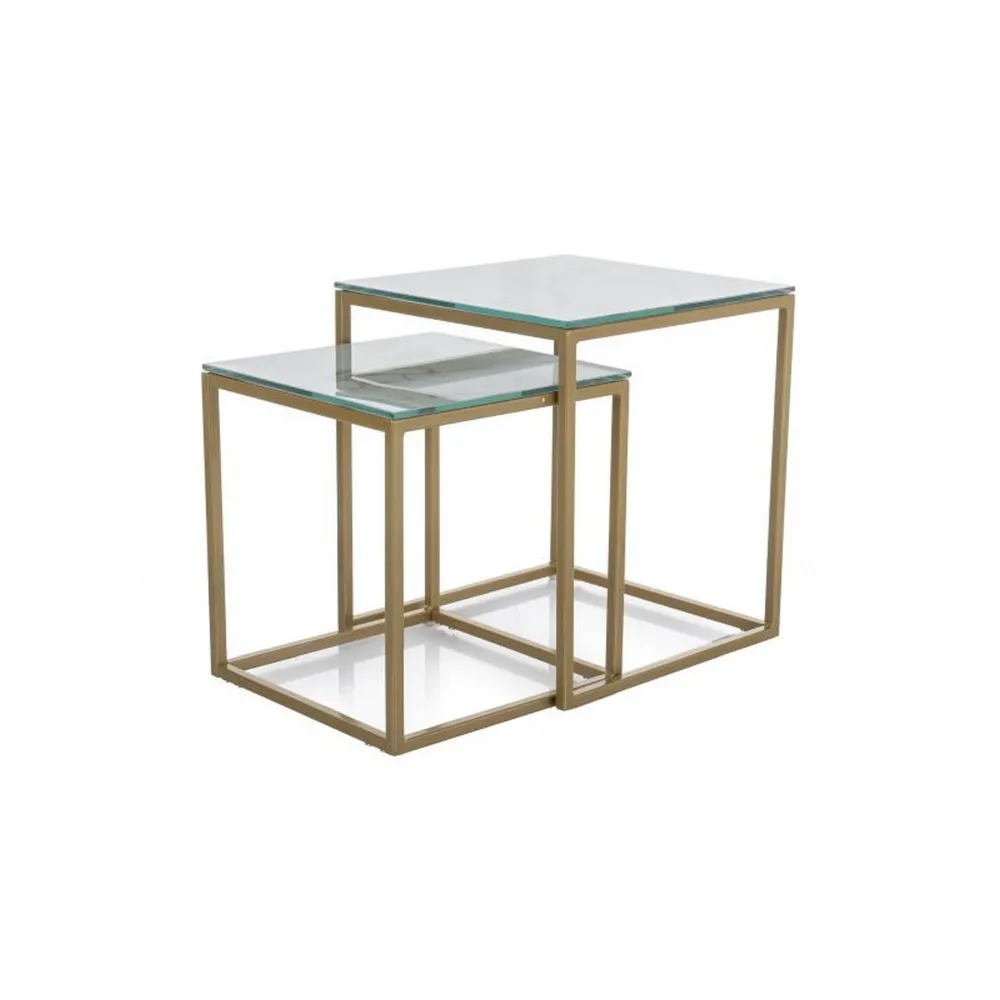 Set 2 masute GLORIA II, alb/auriu, sticla/metal, 40x40x44/35x35x37 cm