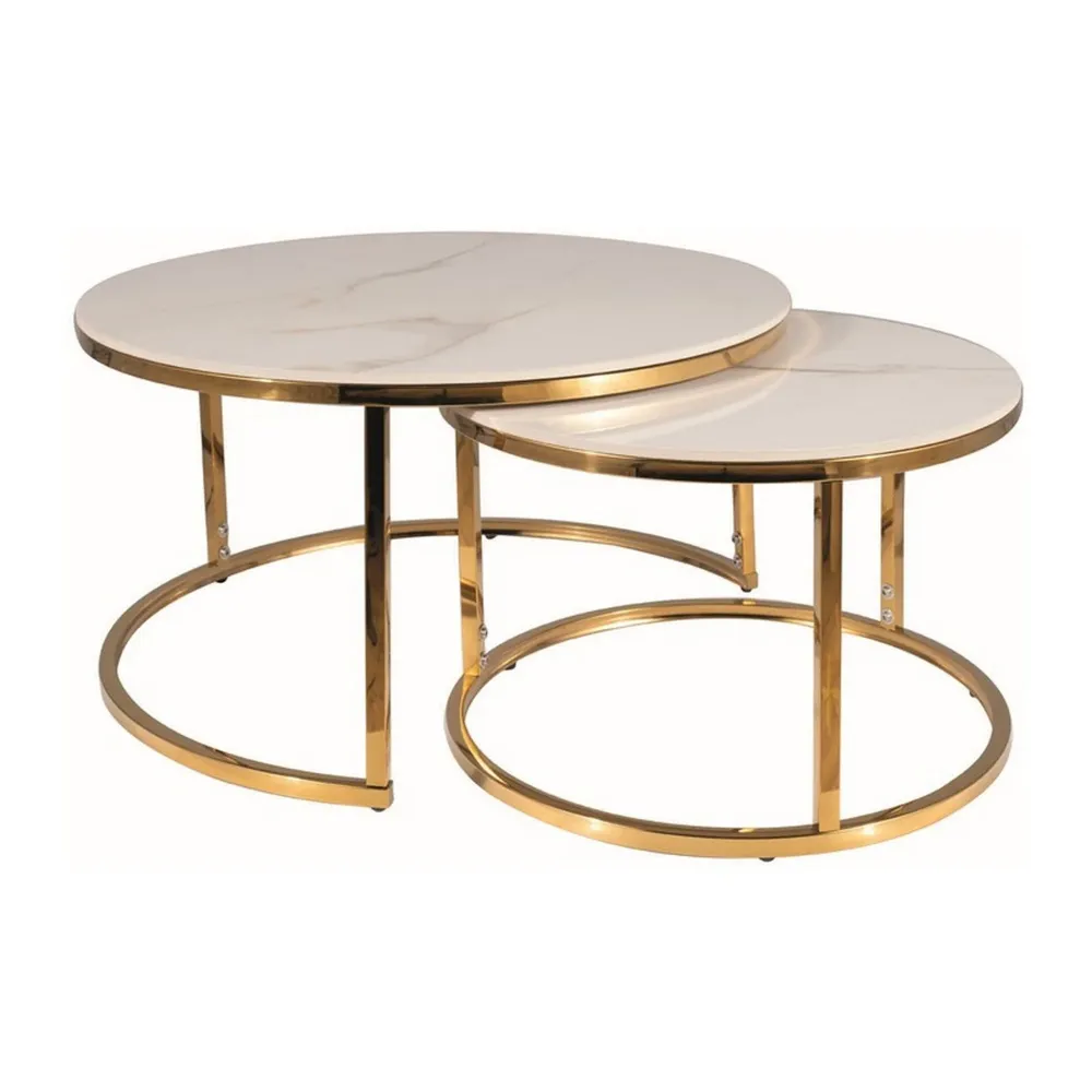 Set 2 masute PORTAFINO , alb/auriu, ceramica/metal, 60x45/45x40 cm