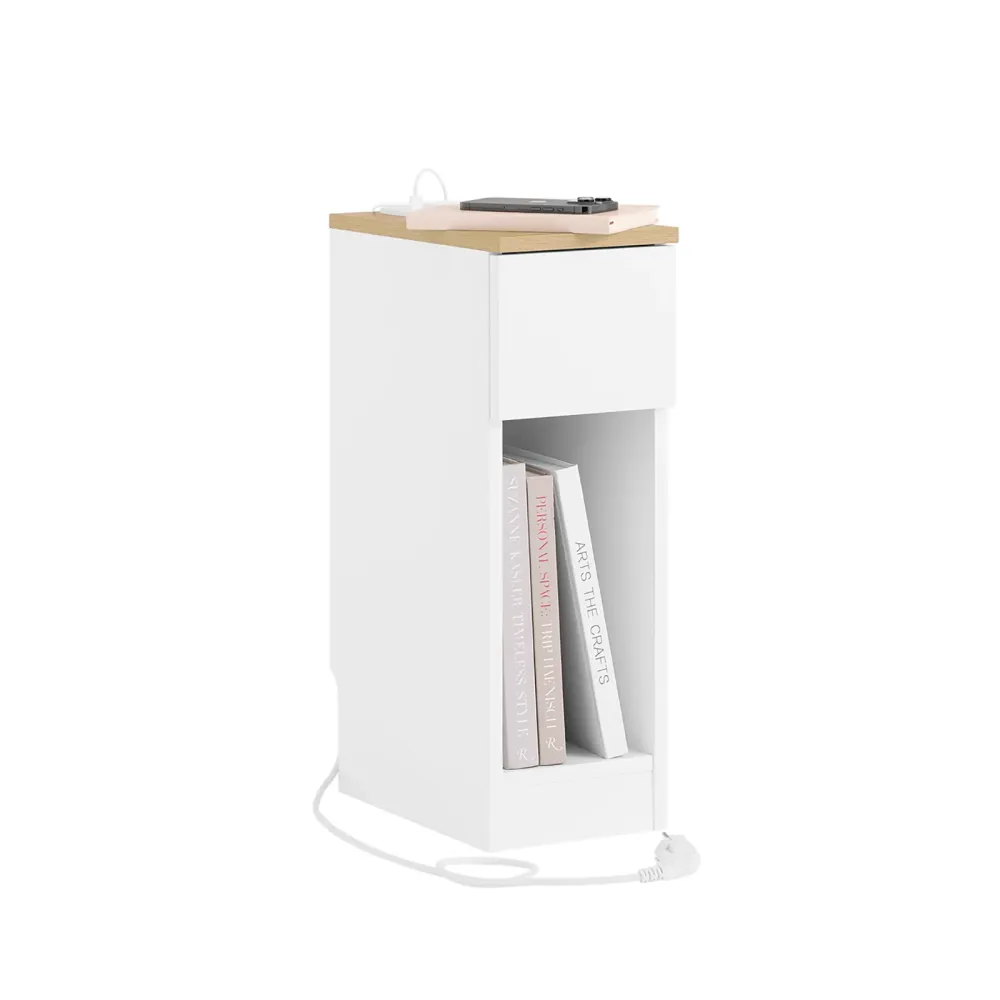 Pre-sare SoBuy FBT111-E-WN Noptiera ingusta cu latime 20 cm, Masuta auxiliara cu sertar, noptiera cu porturi USB, pentru d...