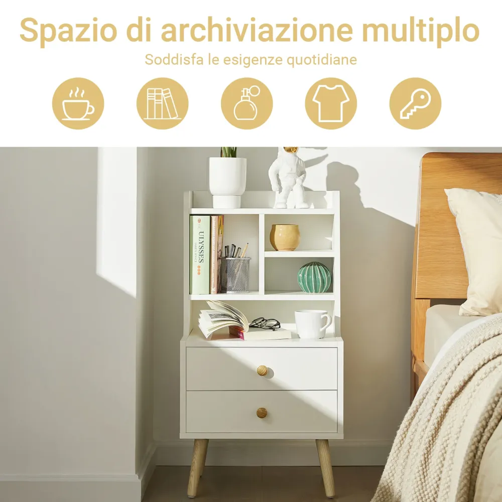 SoBuy FBT100-W Noptiera dormitor Unitate de pat rabatabil single Masuta de cafea pentru living cu 2 sertare si 3 rafturi, alb