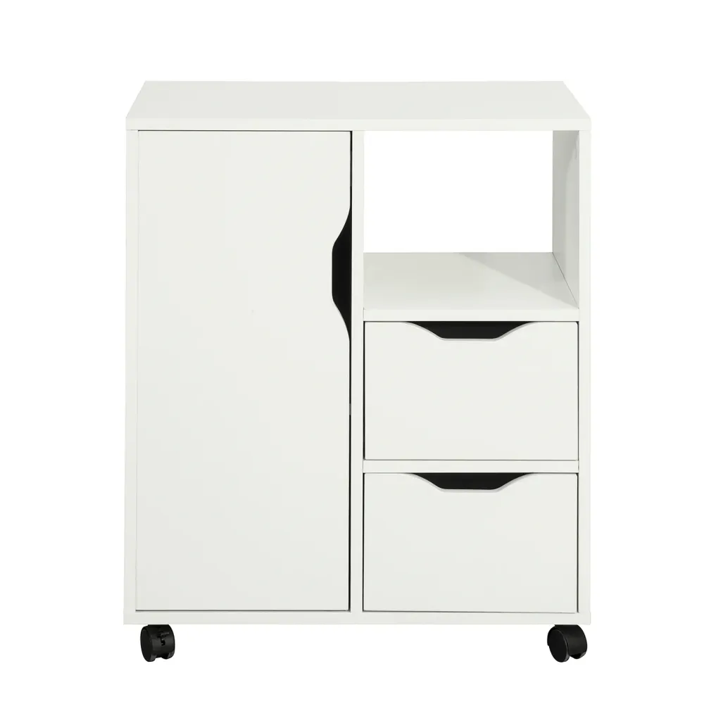 SoBuy FBT105-W Comodă de birou pe roți Comodă de birou cu 2 sertare, 1 ușă și 1 raft deschis Masuta de cafea Noptiera mica...