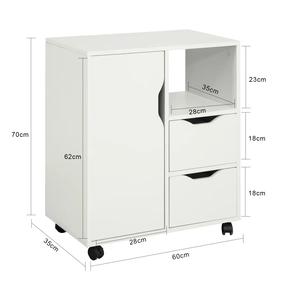 SoBuy FBT105-W Comodă de birou pe roți Comodă de birou cu 2 sertare, 1 ușă și 1 raft deschis Masuta de cafea Noptiera mica...