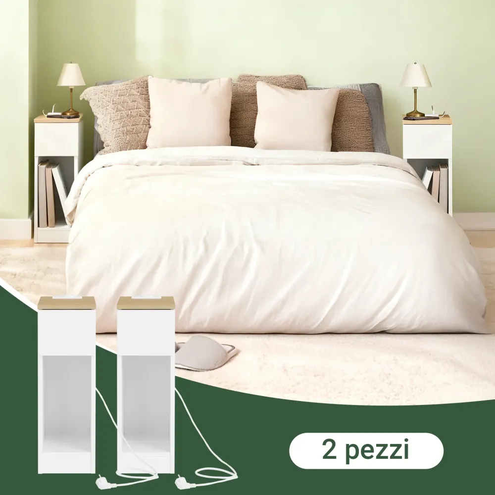 SoBuy FBT111-E-WNx2 Set de 2 noptiere subtire cu priza de incarcare, noptiera ingusta cu priza standard, port USB si port...