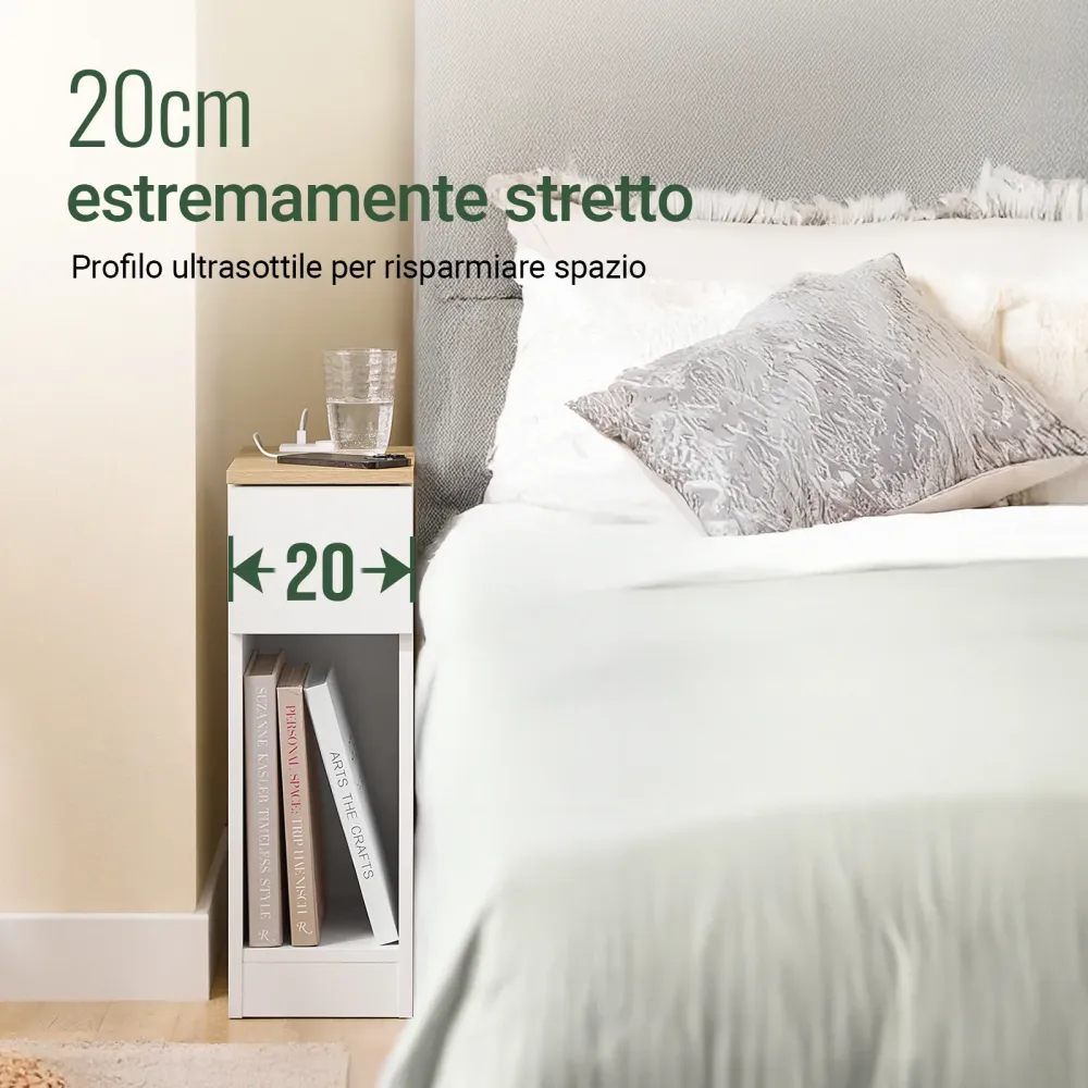 SoBuy FBT111-E-WNx2 Set de 2 noptiere subtire cu priza de incarcare, noptiera ingusta cu priza standard, port USB si port...