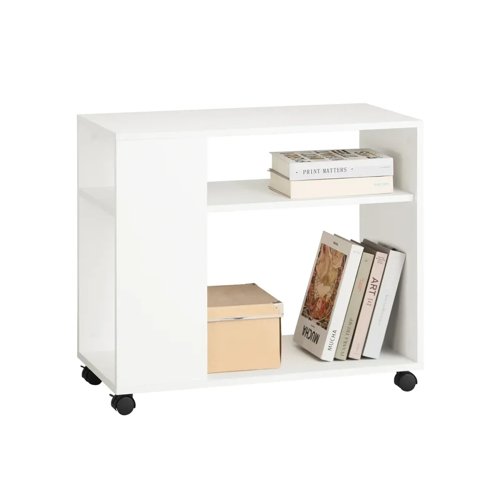 SoBuy FBT34-W Masuta de cafea pe rotile, Masuta de cafea rotativa pe 2 niveluri cu rafturi, Biblioteca mobila pentru camer...
