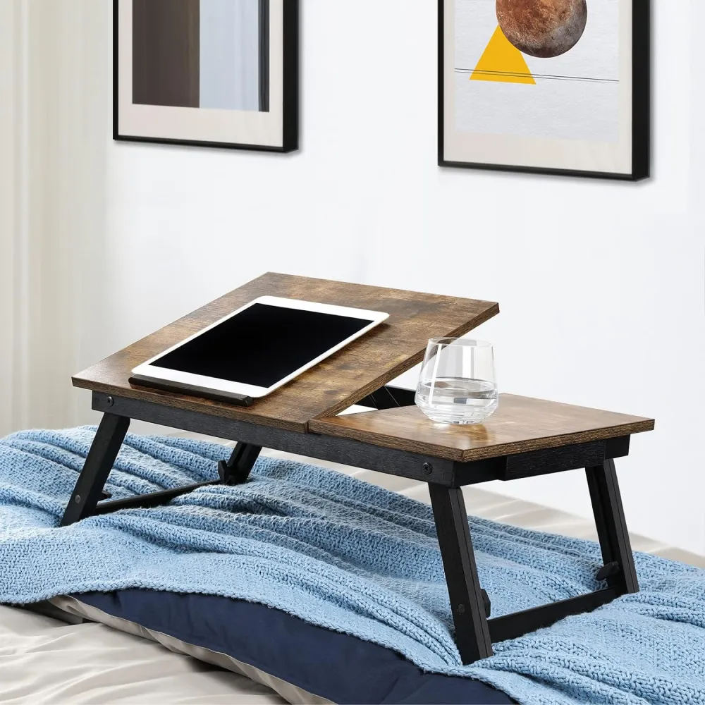 SONGMICS Masa de pat pentru laptop, plabila si reglabila, 55x35x23 cm, maro