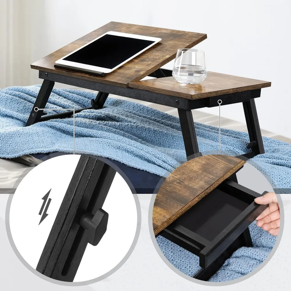 SONGMICS Masa de pat pentru laptop, plabila si reglabila, 55x35x23 cm, maro