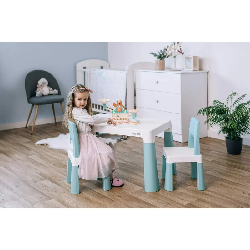 Set masuta si doua scaune, FreeON, Neo, Pentru copii, Cu doua sertare, Cu masa reglabila la doua inaltimi, Conform cu stan...