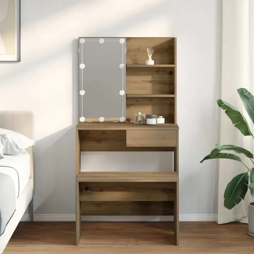 Set de masă de toaletă cu LED Artisan Stejar lemn prelucrat
