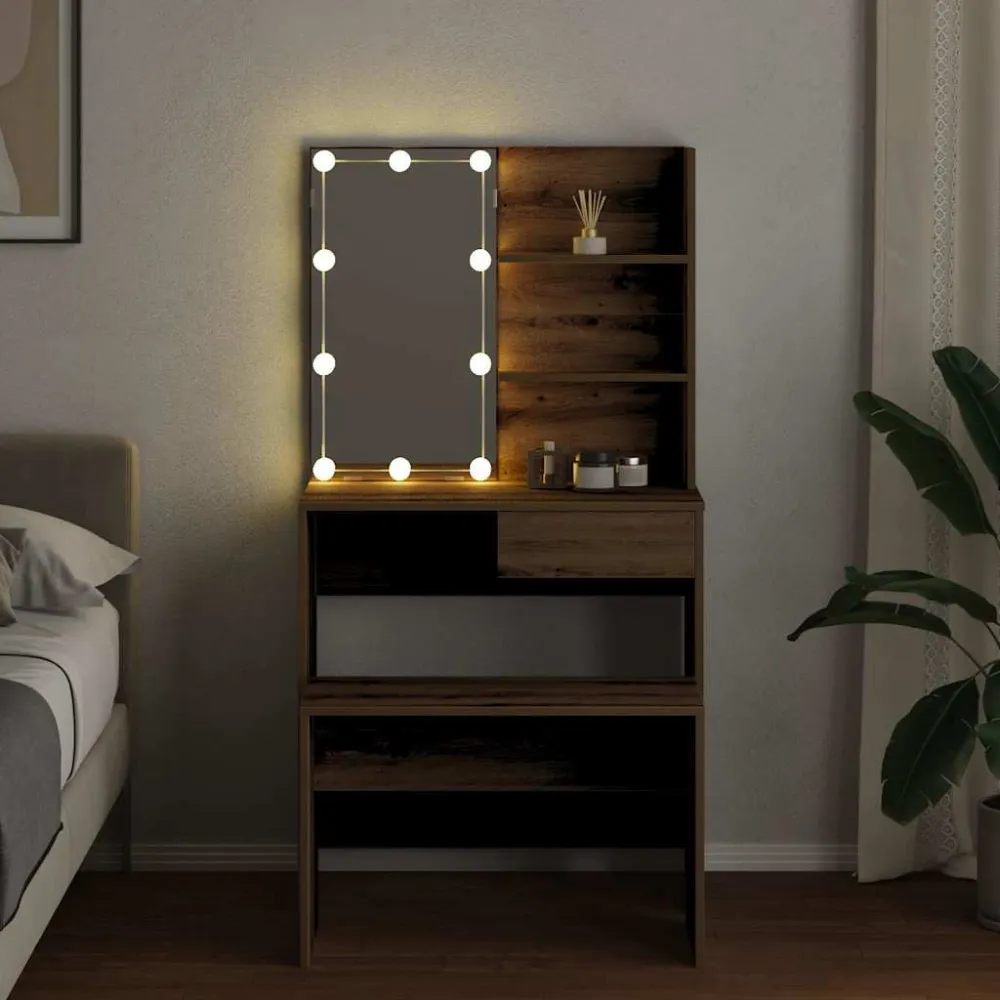 Set de masă de toaletă cu LED Artisan Stejar lemn prelucrat