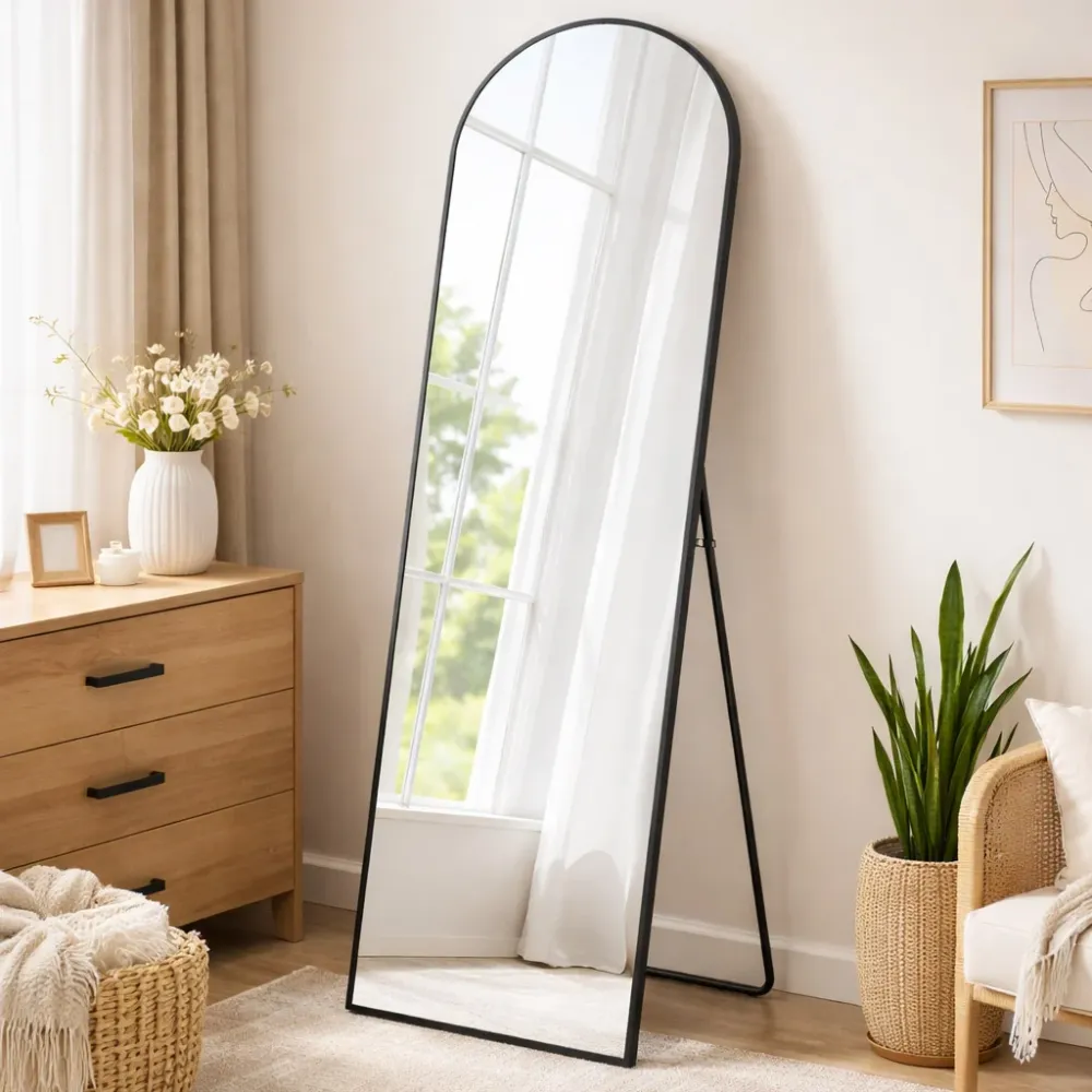 SONGMICS Oglinda podea, cu rama aluminiu si sticla securizata, design curbat, 150x40 cm, negru