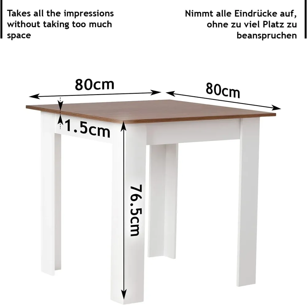 Masa patrata, 80 x 80 x 76, 5 cm, pentru 4 persoane, MDF, alb, nuc